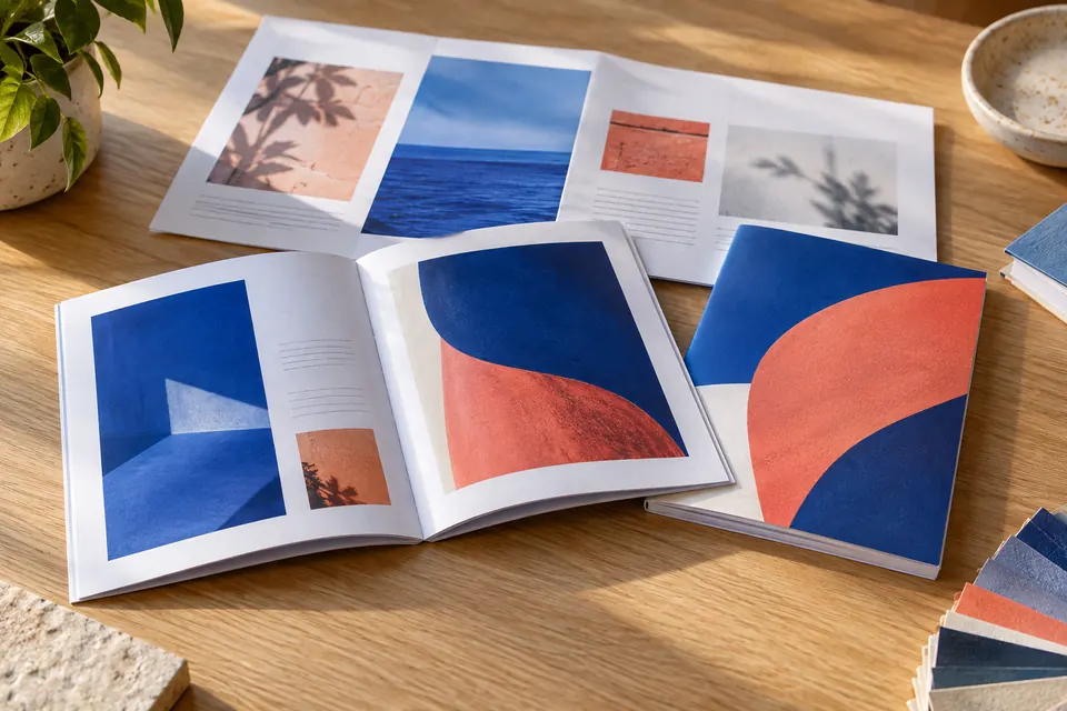 A colorful folded booklet beside flat printer spreads in a print studio.